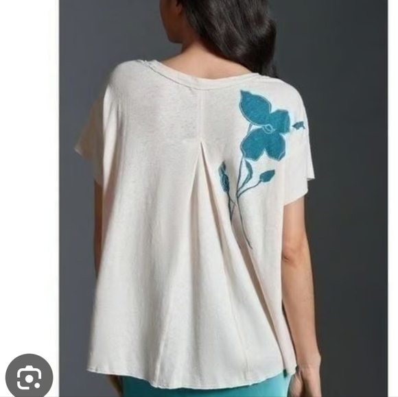 Pilcro Anthropologie Cream and Blue Floral Blouse Linen Cotton Blend Large - Picture 10 of 10